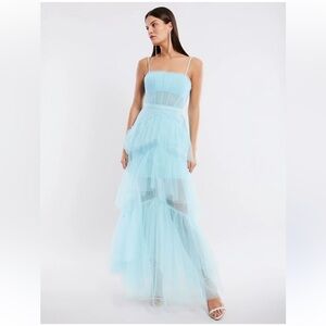 BCBGMAXAZRIA Oly Tiered Ruffle Tulle Evening Gown in the color Angel Blue